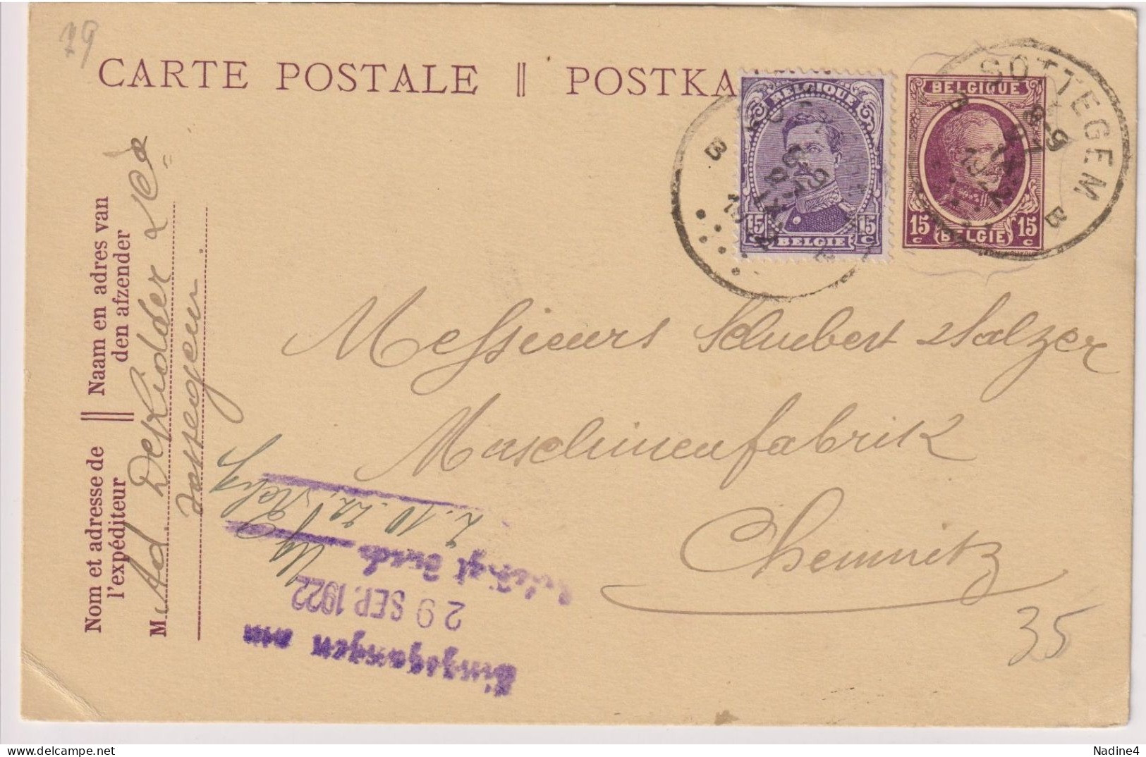 Briefkaart Carte Postale - Ad. De Ridder , Zottegem Naar Chemnitz - 1922 - Postkarten 1909-1934