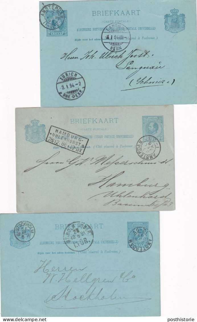 3 Briefkaart En Amsterdam 1886 1891 En 1891  (kleinrond) Naar Stockholm / Hamburg En Zurich - Postal History