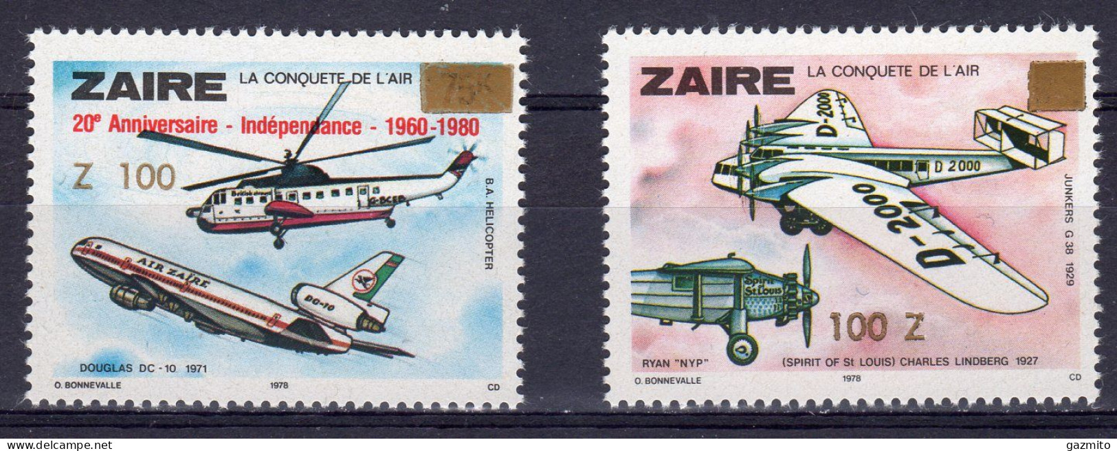 Zaire 1990, Plane, Helicopter, Overp. GOLD, 2val - Neufs