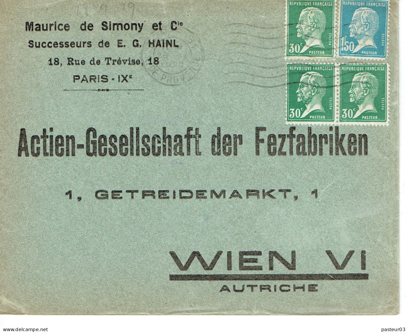 Tarifs Postaux Etranger Du 01-08-1926 (39) Pasteur N° 181 1,50 F. + Pasteur N° 174 30 C. X 3  Lettre 40 G. Vienne Autric - 1922-26 Pasteur