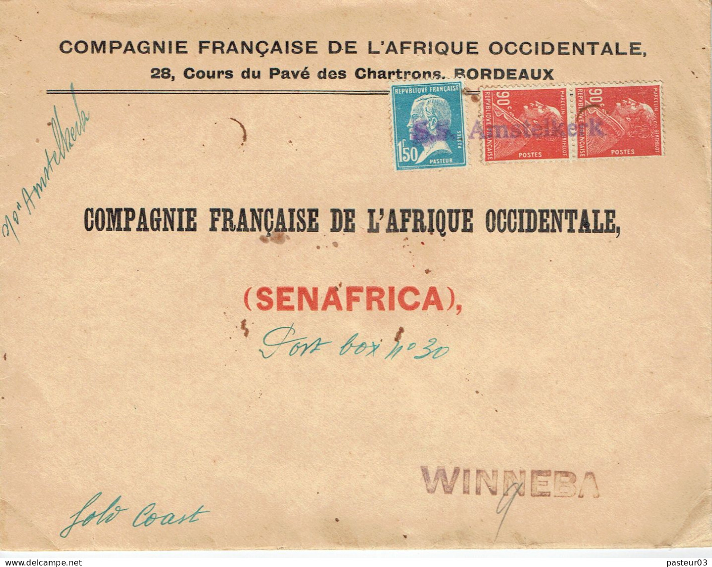 Tarifs Postaux Etranger Du 01-08-1926 (45) Pasteur N° 179 1,50 F. + Berthelot 50 C. X 2  Lettre 60 G. Pour Le Ghana WINN - 1922-26 Pasteur