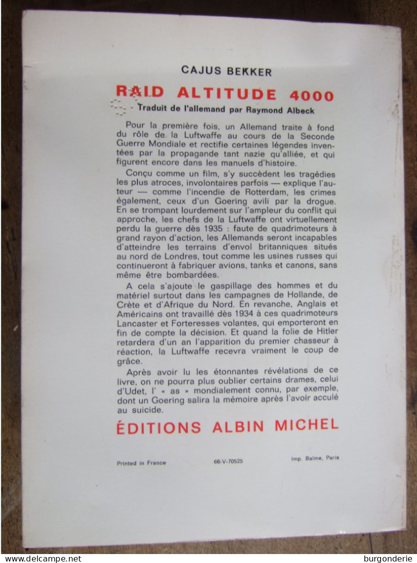 RAID  ALTITUDE 4000 / CLAUS BEKKER / JOURNAL DE GUERRE DE LA  LUFTWAFFE/ ALBIN MICHEL / 1966 - War 1939-45