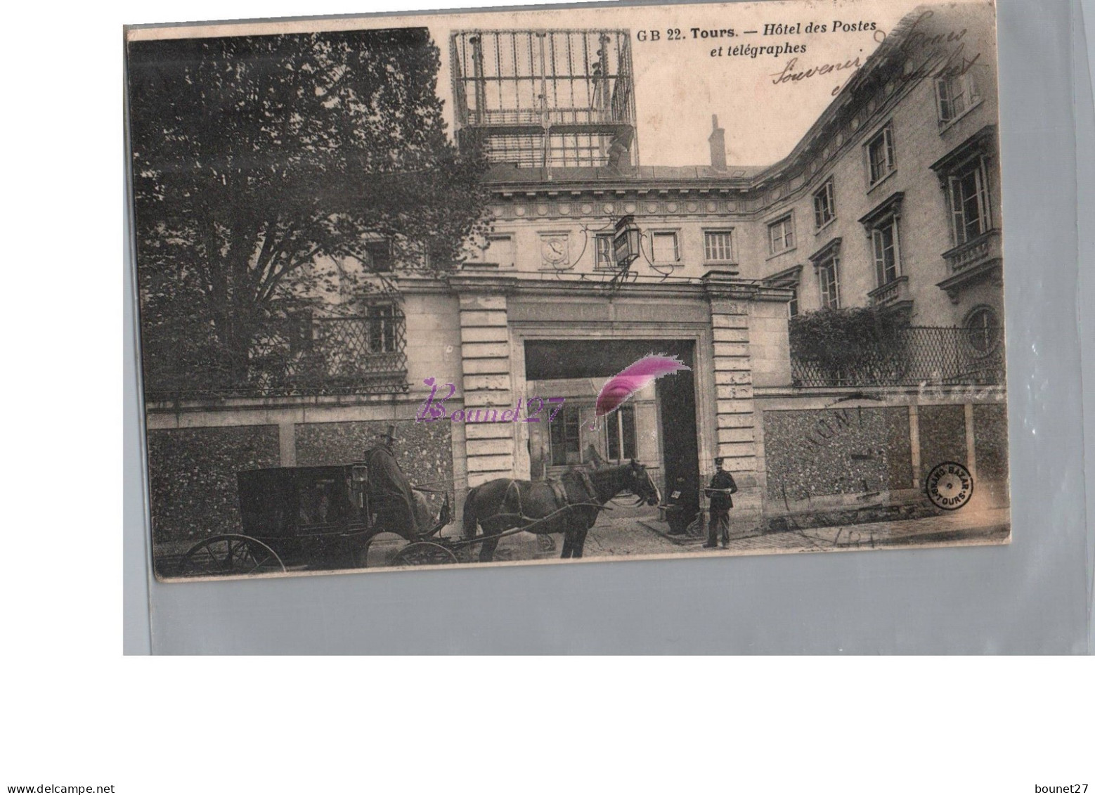 CPA - TOURS 37 - L'Hôtel Des Postes Et Télégraphes Animé Une Caleche Avec Cheval Cocher Devant 1907 - Tours