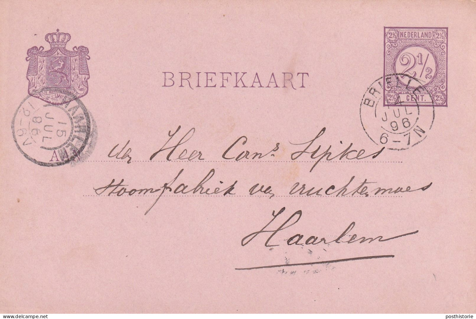 Briefkaart 14 Jul 1896 Brielle (kleinrond) Naar Haarlem - Marcophilie