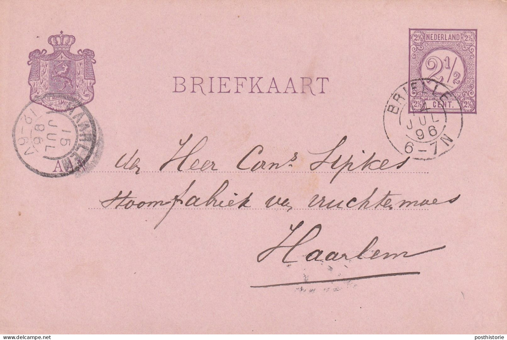 Briefkaart 14 Jul 1896 Brielle (kleinrond) Naar Haarlem - Poststempels/ Marcofilie