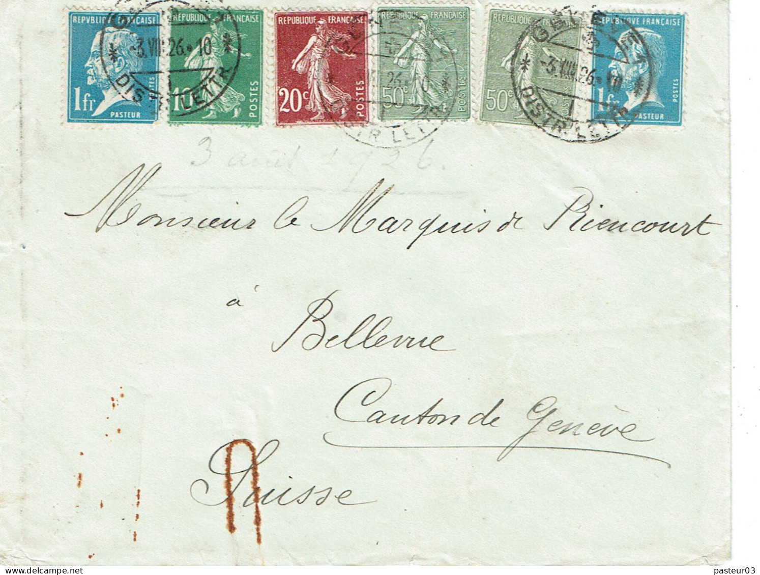 Tarifs Postaux Etranger Du 01-08-1926 (44) Pasteur N° 179 1,00 F. X 2 + Semeuse 50 C. X 2 + 20 C.  + 10 C.  Lettre 60 G. - 1922-26 Pasteur