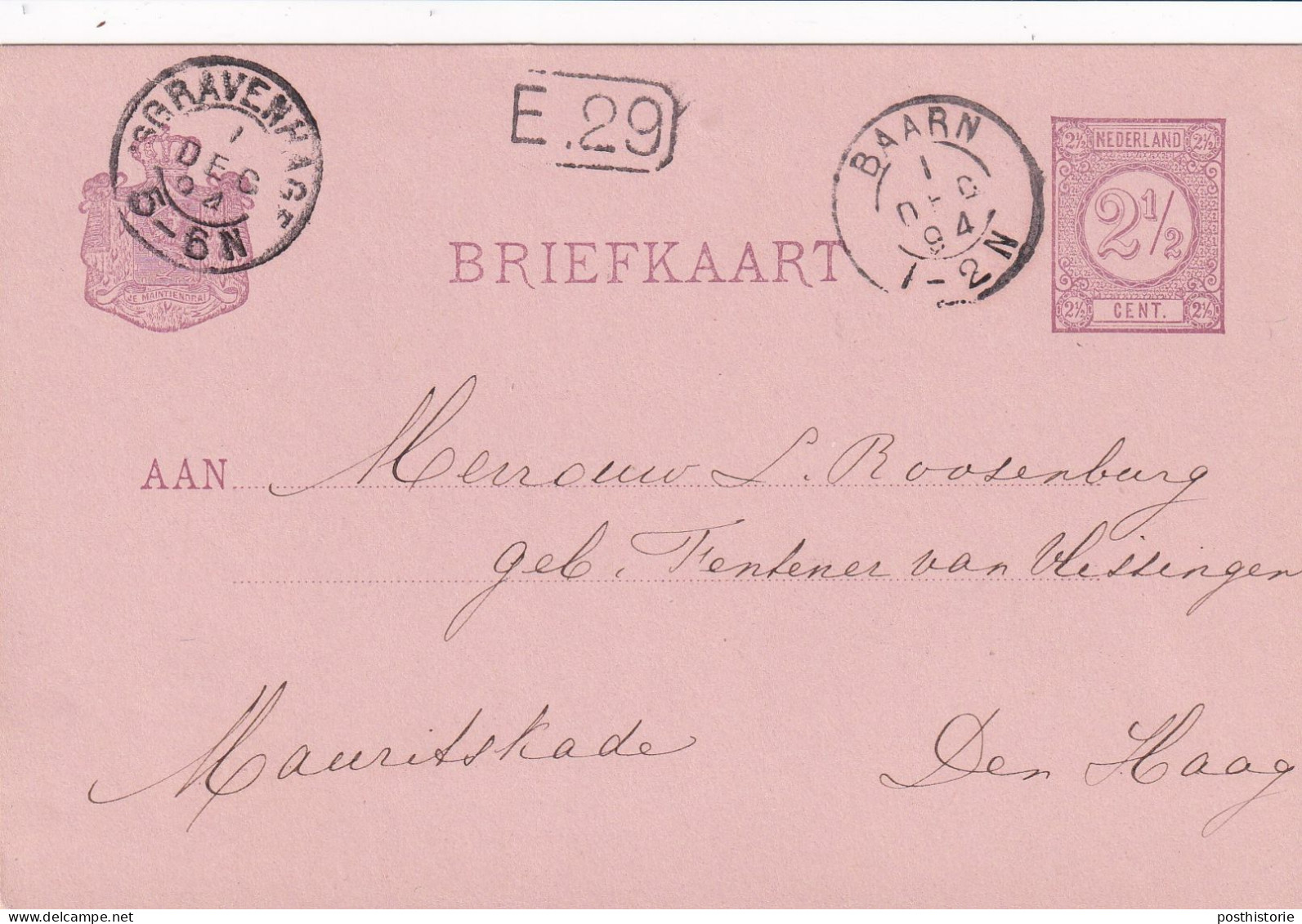 Briefkaart 1 Dec 1894 Baarn (kleinrond) Naar 's Gravenhage - Poststempels/ Marcofilie