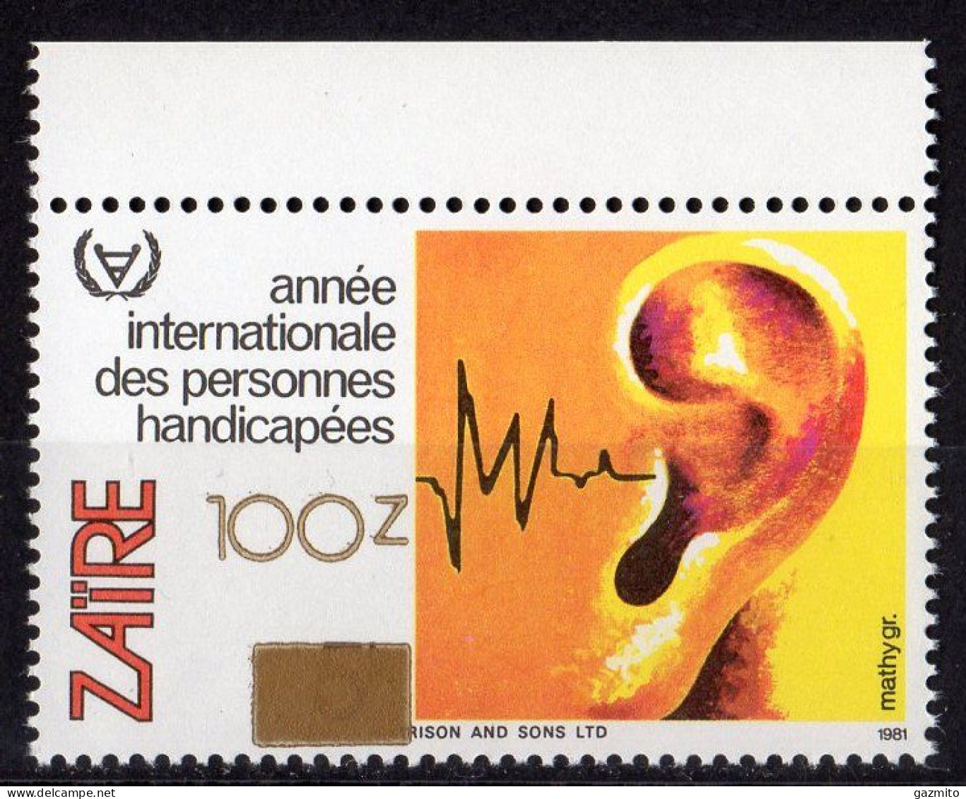 Zaire 1990, Year Of Diasabled, Overp. Gold, 1val - Behinderungen