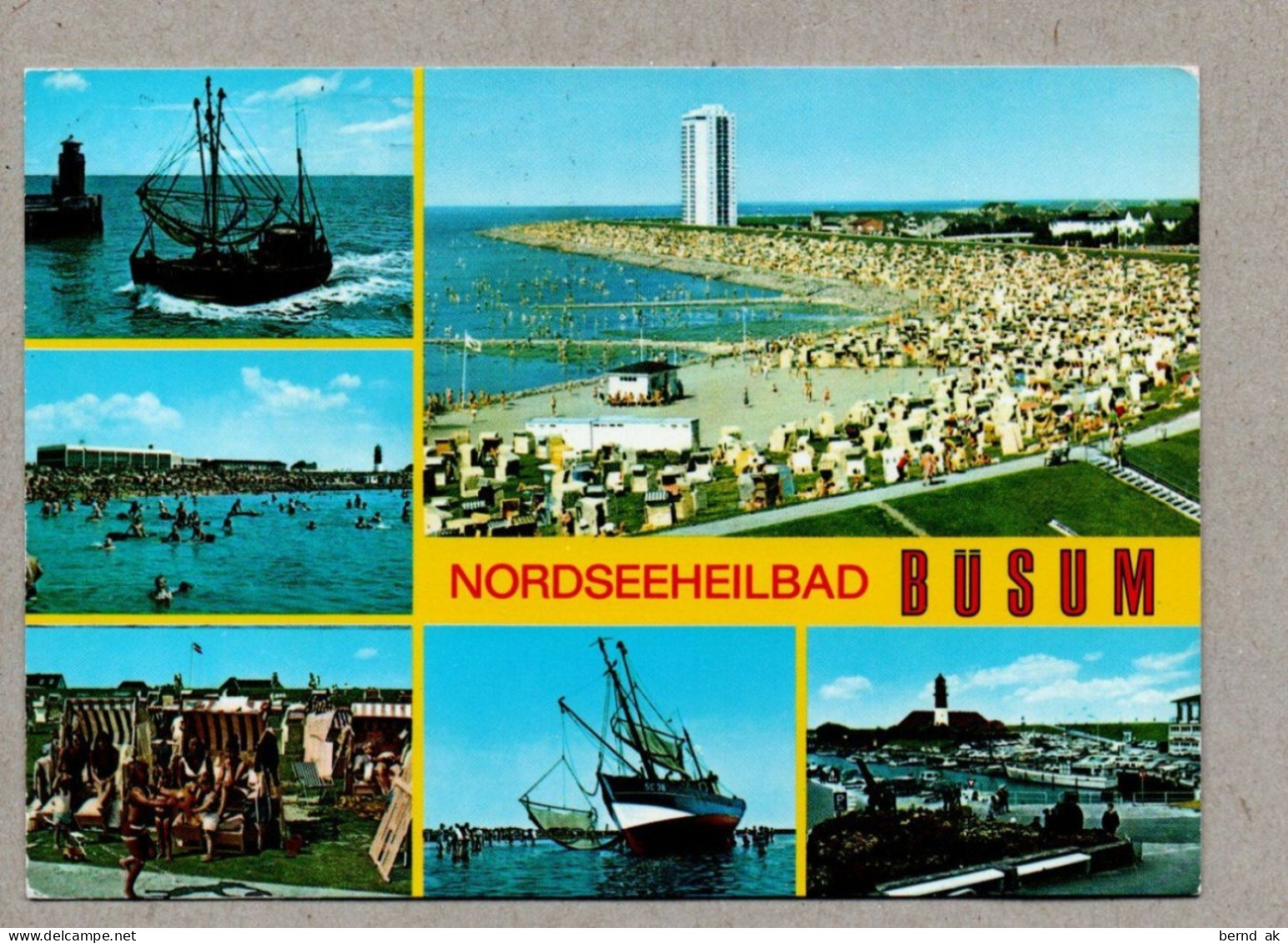 016# BRD -  5  Color gelaufen - AK:  Büsum - leuchtturm, Strand, Fischkutter (alle im Bild)