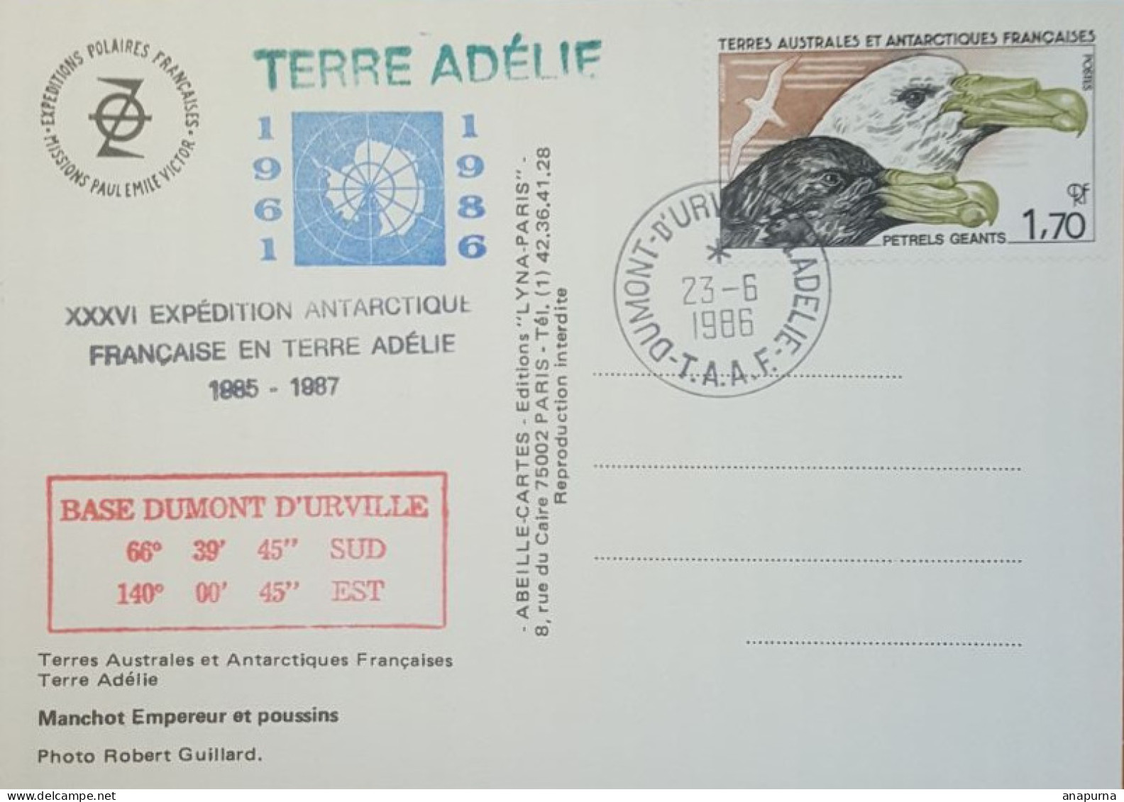 Carte EPF Missions Paul Emile Victor, PEV, Terre Adélie, Cachets Expéditions, Manchots Empereurs - Lettres & Documents