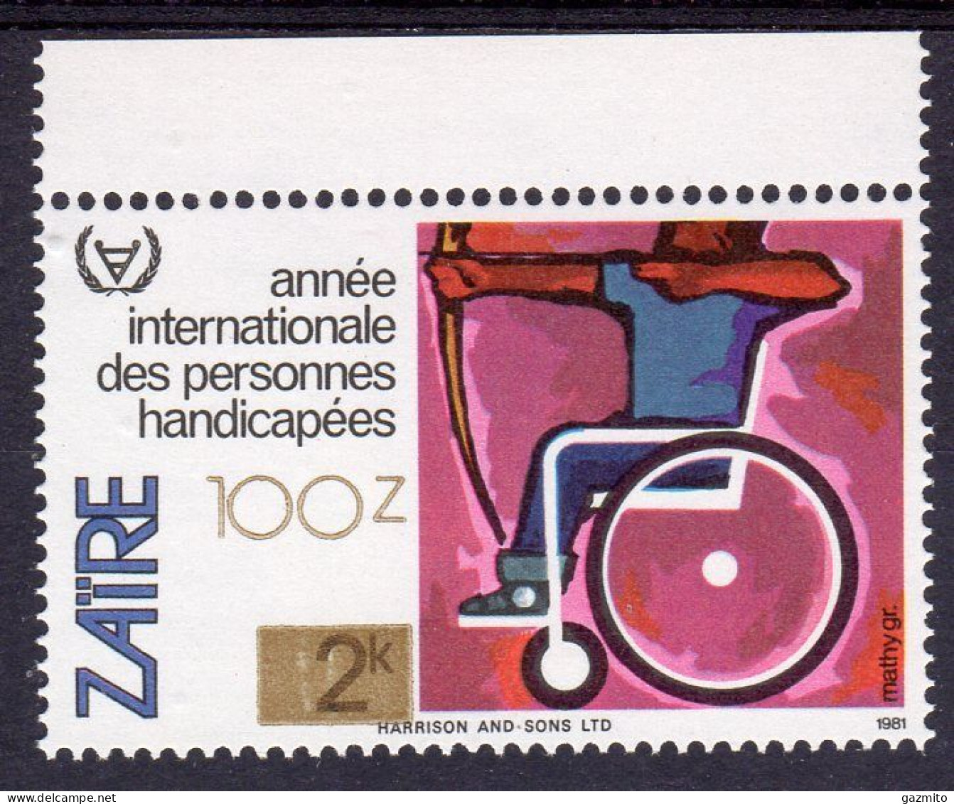 Zaire 1990, Year Of Diasabled, Archery, Overp. Gold, 1val - Behinderungen