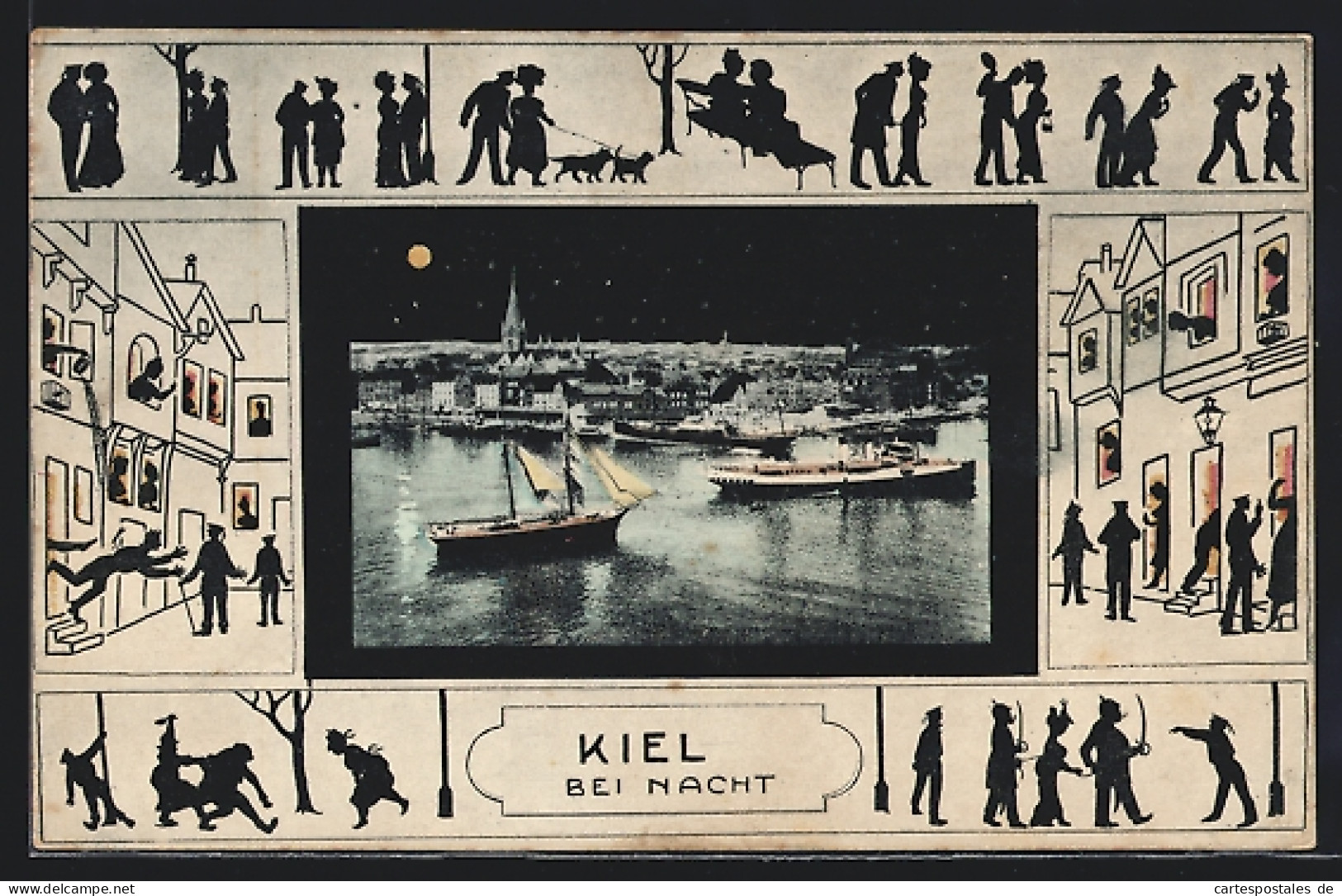 Künstler-AK Kiel, Kiel Bei Nacht, Hafenpartie Bei Vollmond, Nachtleben In Schattenbildern  - Kiel