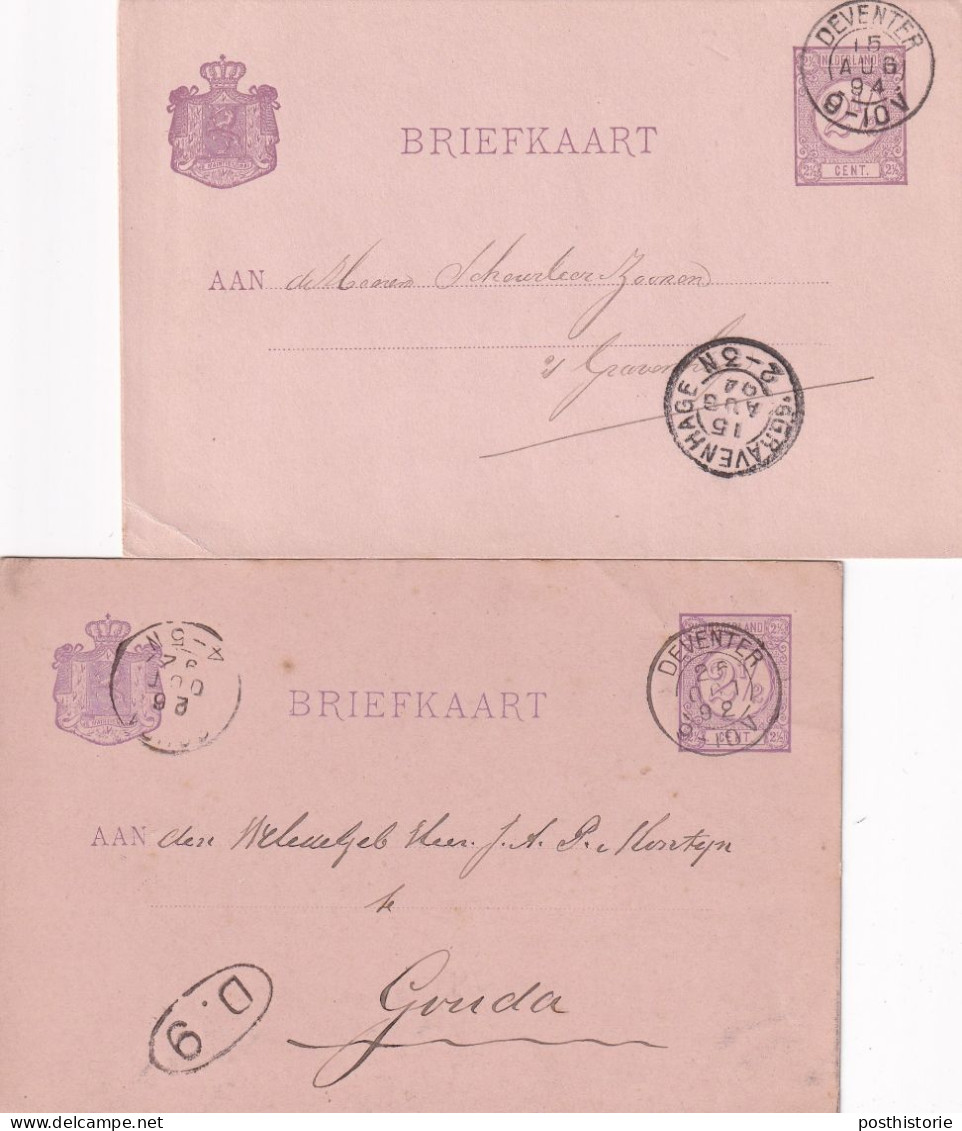 2 Briefkaarten 1892 En 1894 Deventer (kleinrond) Naar Gouda En 's Gravenhage - Poststempel