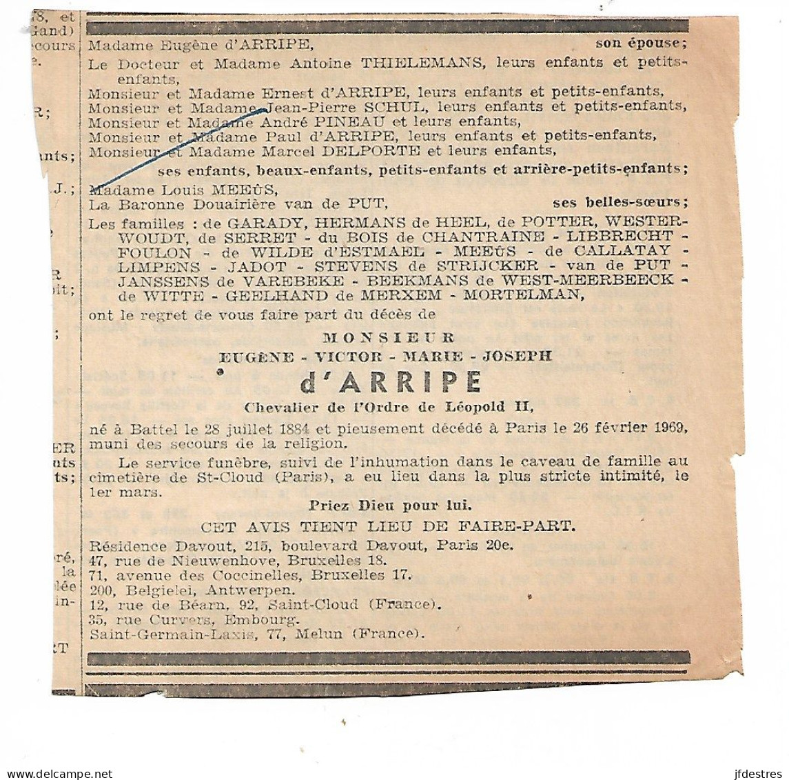 Nécrologie Eugène D'Arripe époux Germaine Meeus. Paris 1969 - Décès