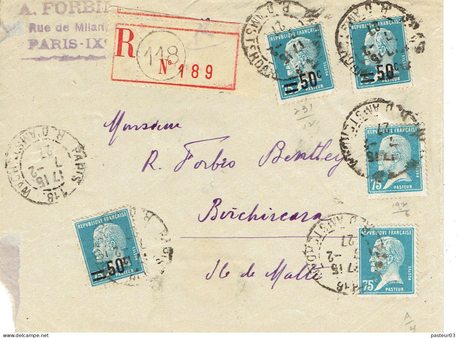Tarifs Postaux Etranger Du 01-08-1926 (59) Pasteur N° 21 50 C.sur 75 C. X 3 + Pasteur N° 177 75 C. X 2 Lettre Recommanrd - 1922-26 Pasteur