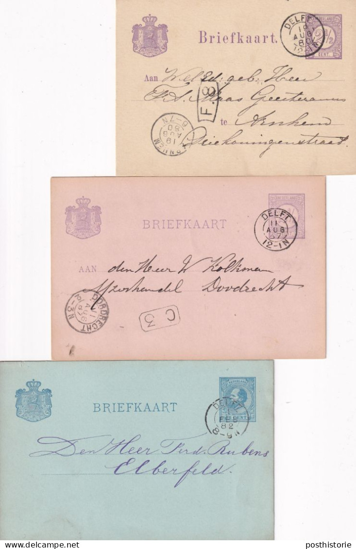 3 Briefkaarten 1880 1882 En 1887 Delft (kleinrond) Naar Arnhem Dordrecht En Duitsland - Poststempels/ Marcofilie