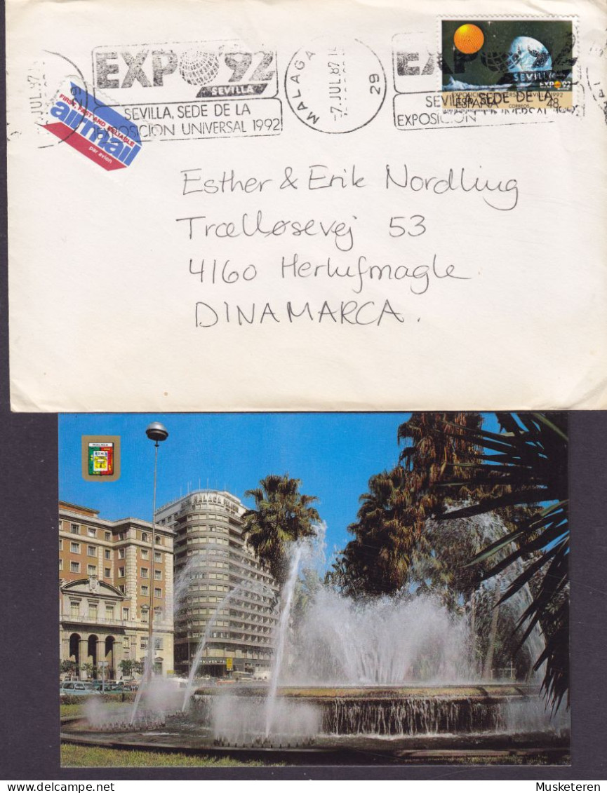 Spain Air Mail Label Slogan Flamme 'EXPO '92 Sevilla' MALAGA 1987 Cover & Card Letra HERLUFSMAGLE Denmark Expo 92 Stamp - Brieven En Documenten