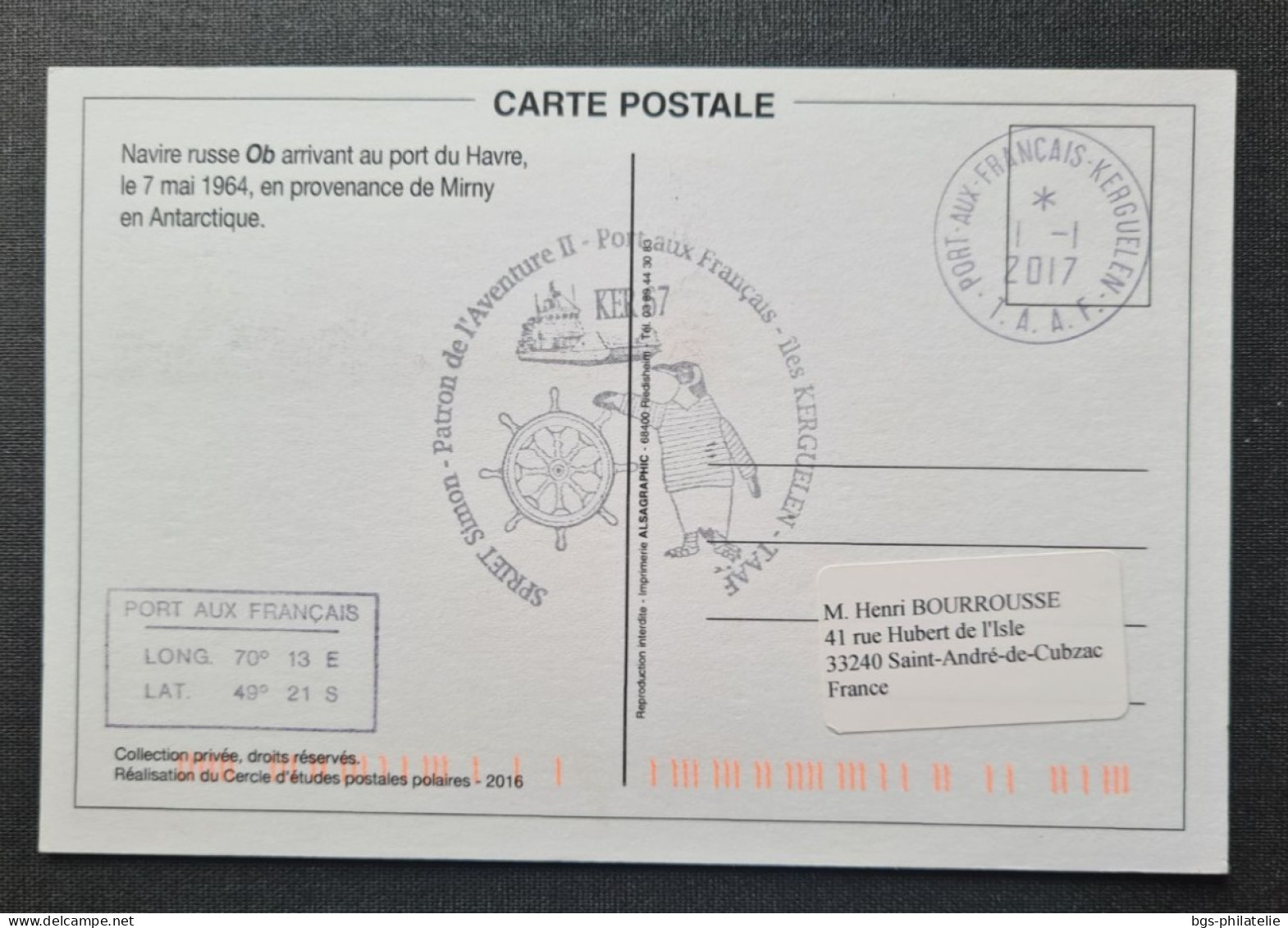 TAAF, T Numéro 803 Oblitéré De Kerguelen Le 1/1/2017 Sur Carte. - Lettres & Documents