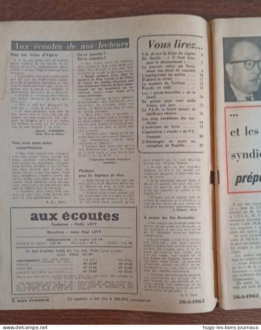 Aux écoutes Du Monde N°1958_26 Janvier 1962_ Numéro Spécial_Le Colloque De L'Alma Prépare La Succession De Gaule_ - 1950 - Heute