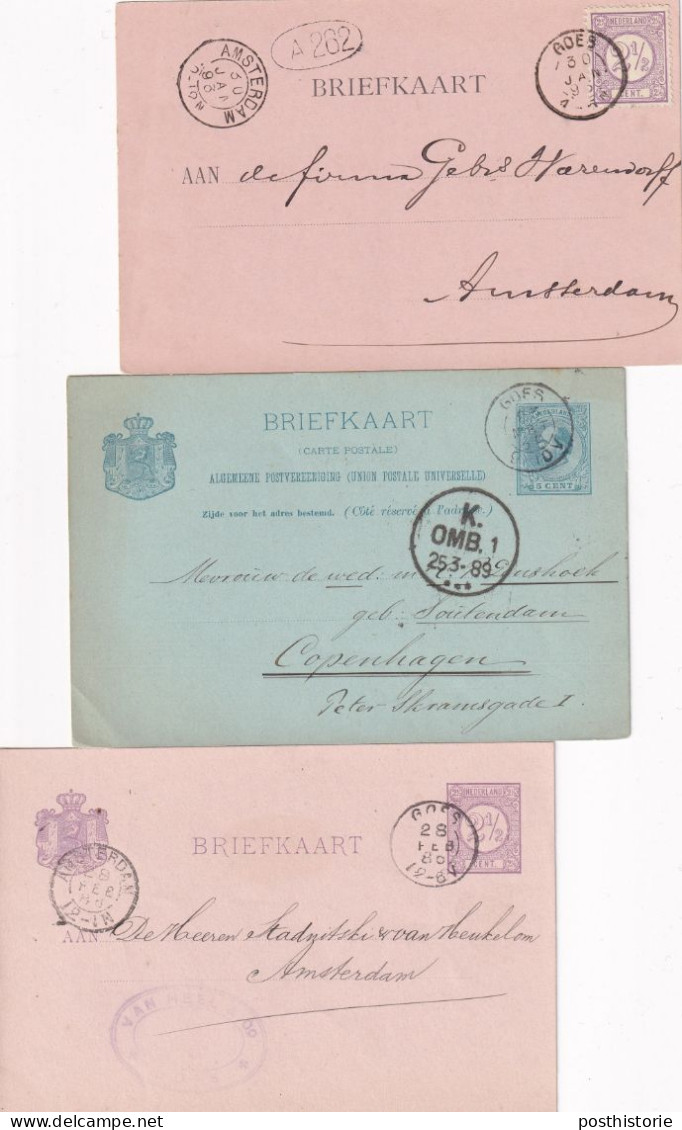 3 Briefkaarten 1886 1889 En 1893 Goes (kleinrond) Naar Amsterdam En Copenhagen - Poststempels/ Marcofilie