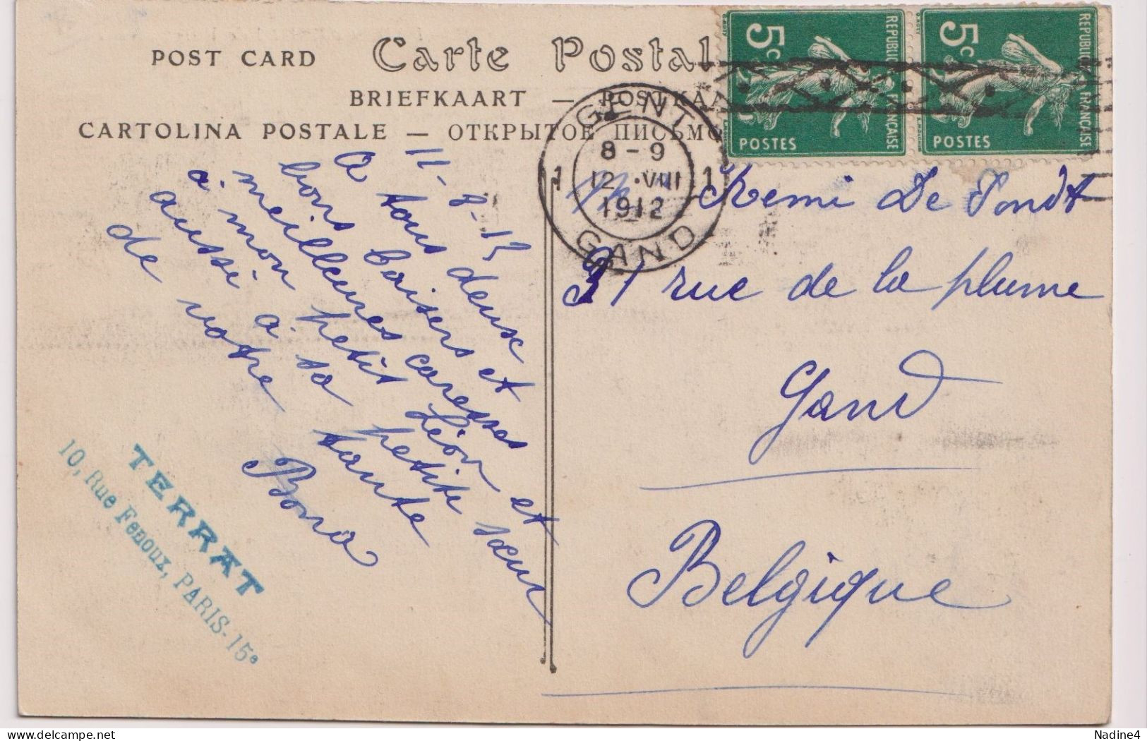 Postkaart Carte Postale - M. Terrat , Paris à Gand Gent - 1912 - Tarjetas 1909-1934