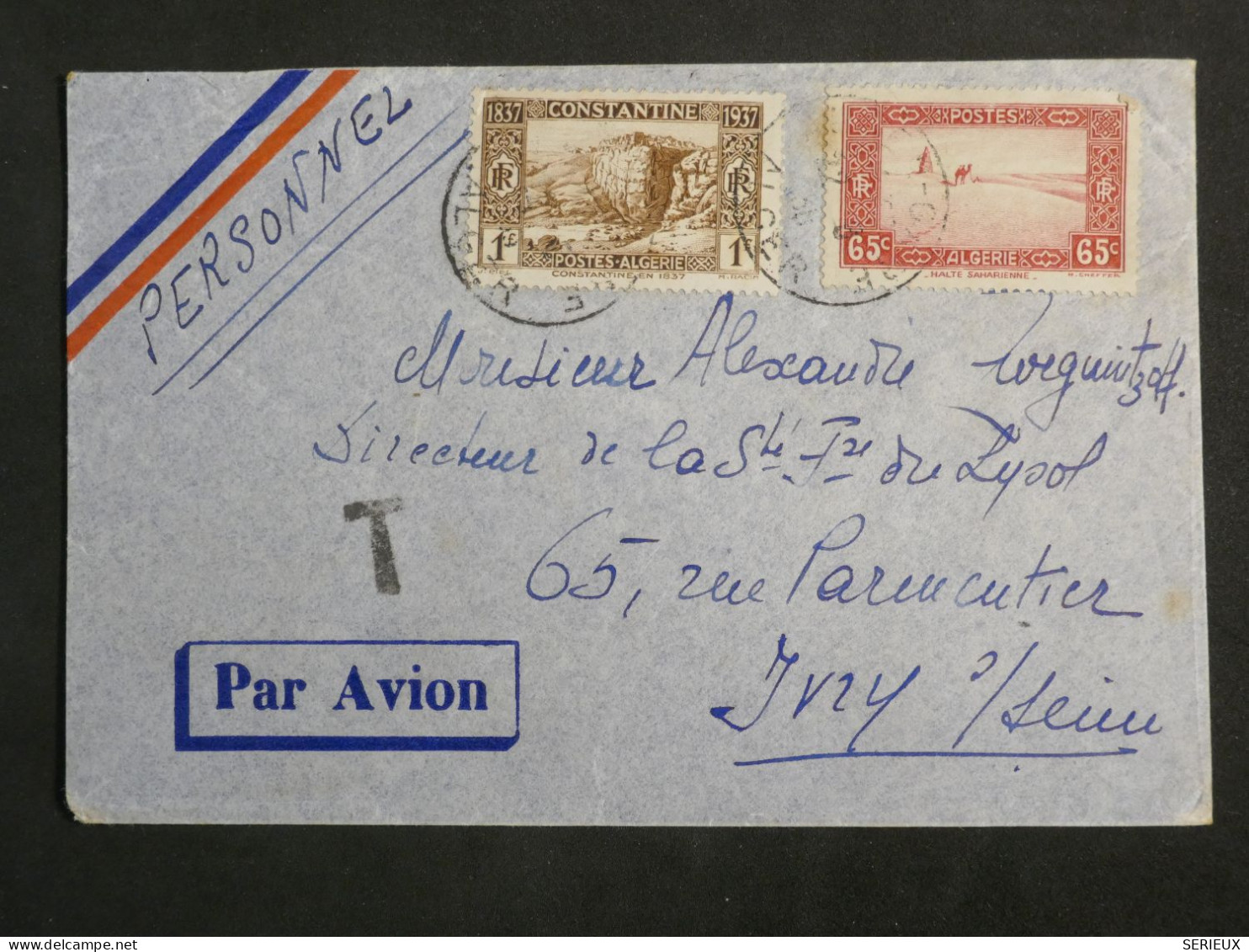DL0  ALGERIE BELLE LETTRE  1936  ALGER A YVRY  FRANCE +AFF.  INTERESSANT+ + - Covers & Documents