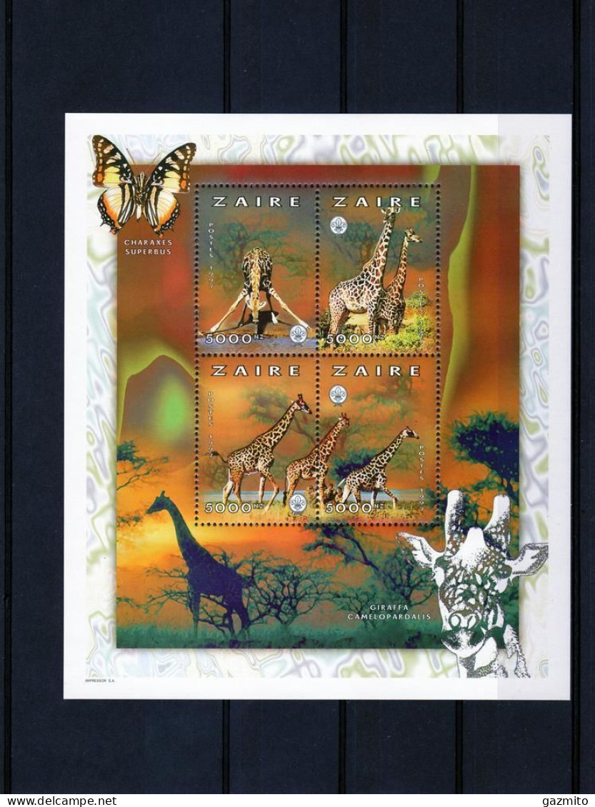 Zaire 1997, Giraffes, Scout, Butterfly, 4val In BF - Unused Stamps