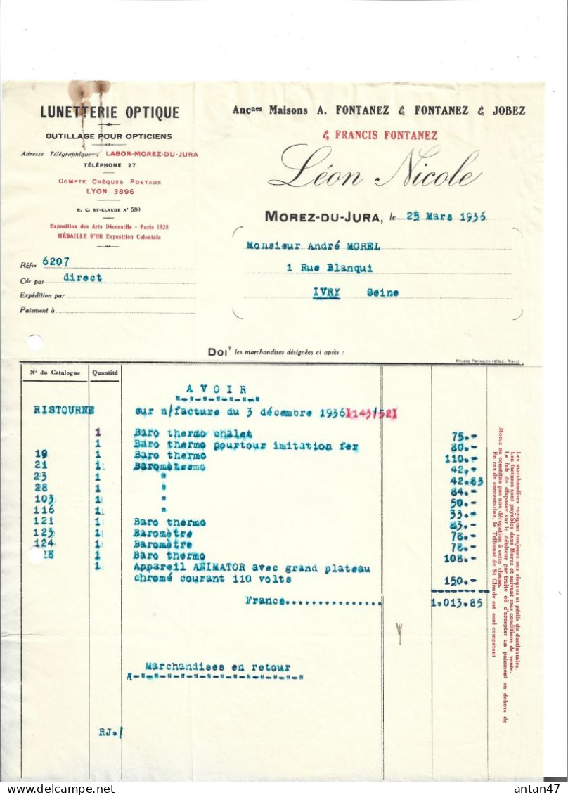 12 Docs 1922-54 / 39 MOREZ / Fabrique Lunettes JOBEZ THIEBAUD NICOLE COOK COLIN PAGET MOREL LAMY LIZON BOISSEAU... - 1900 – 1949