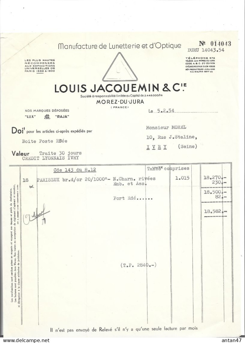 12 Docs 1922-54 / 39 MOREZ / Fabrique Lunettes JOBEZ THIEBAUD NICOLE COOK COLIN PAGET MOREL LAMY LIZON BOISSEAU...