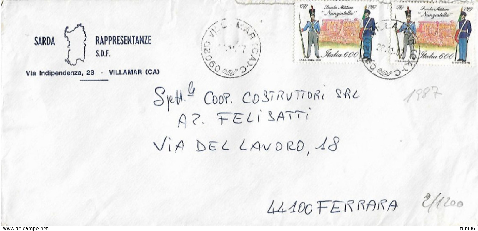 SCUOLA NUNZIATELLA £.600X2 (s1820),LETTERA 2°PORTO,1987,UNICO USO NEL PERIODO,TIMBRO POSTE VILLAMAR (CAGLIARI) - 1981-90: Poststempel