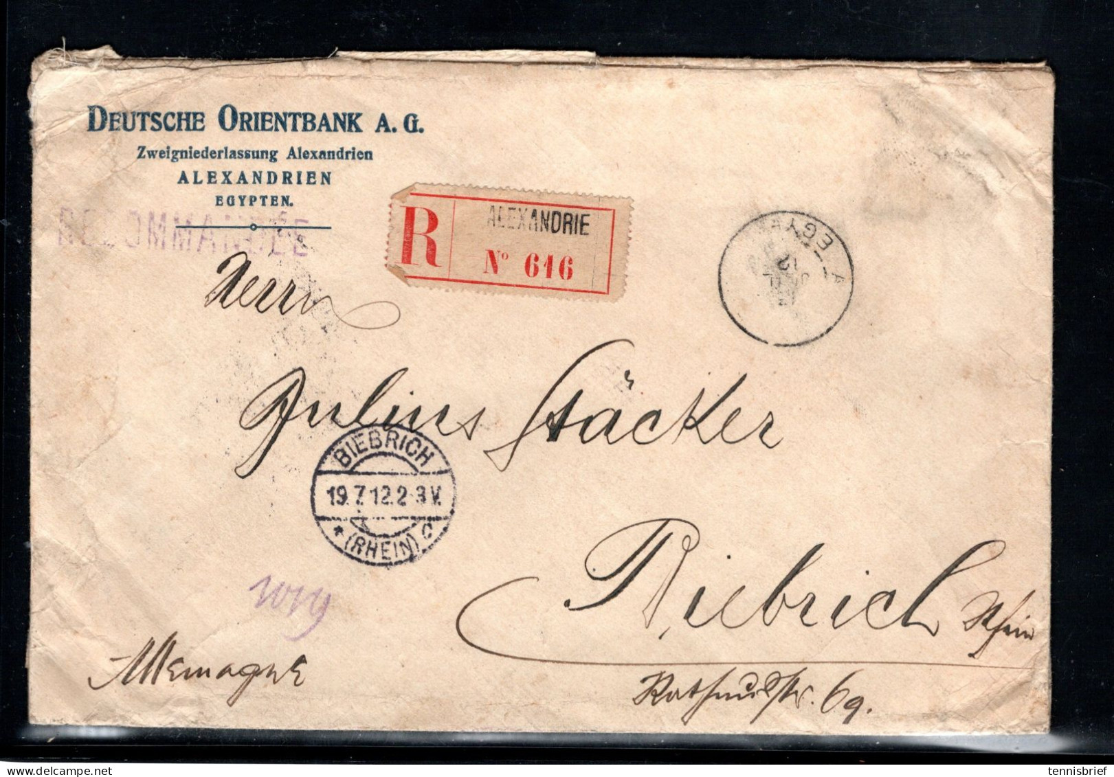 1912 , 35 Timbres 1 C. A 10 C. , " ALEXANDRIE-EGYPTE   " Lettre Recommandee Pour Allemagne, Dt. Orientbank    #1730 - Covers & Documents