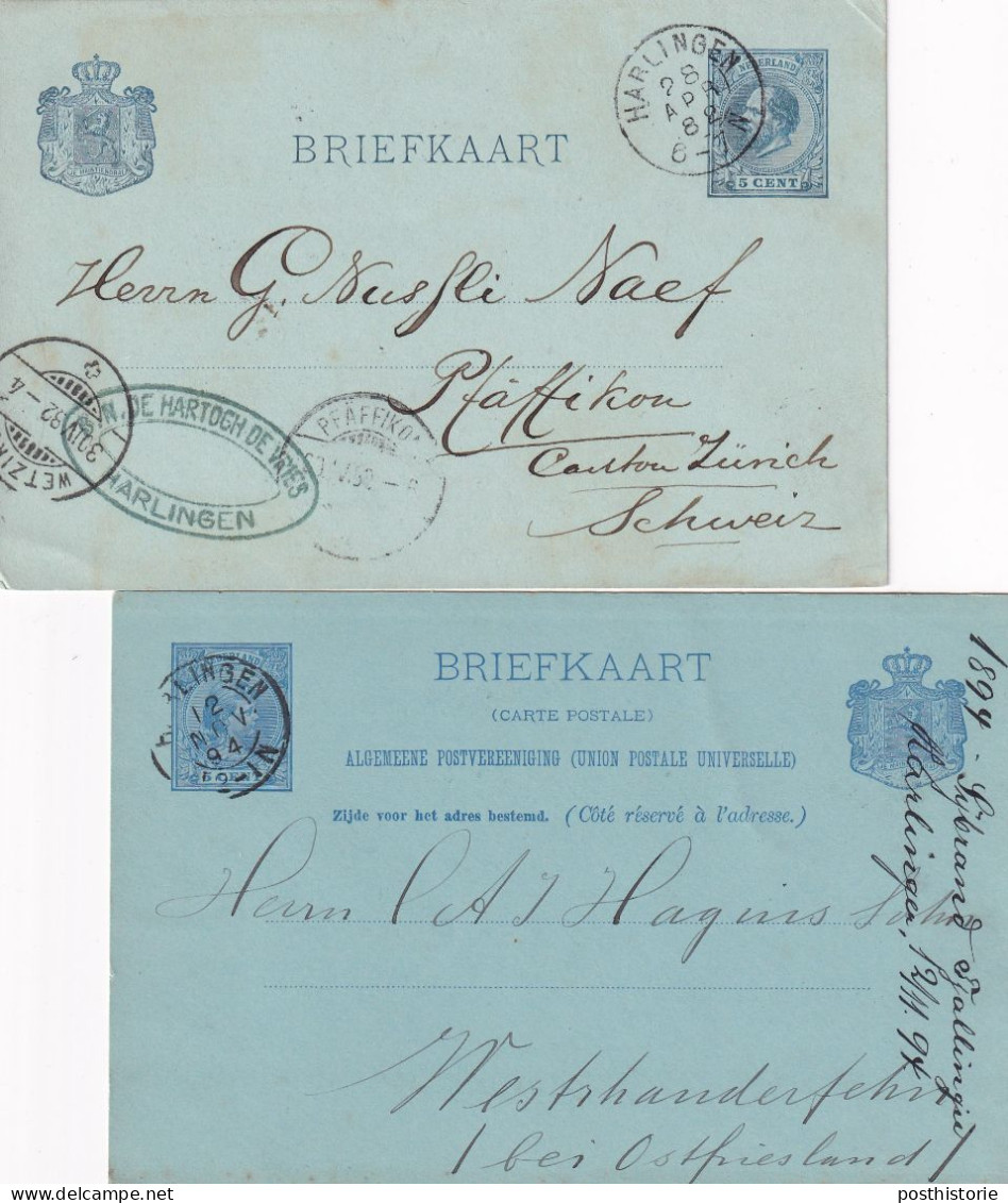 2 Briefkaarten 1882 En 1894 Harlingen (kleinrond) Naar Zwitserland En Duitsland - Poststempels/ Marcofilie