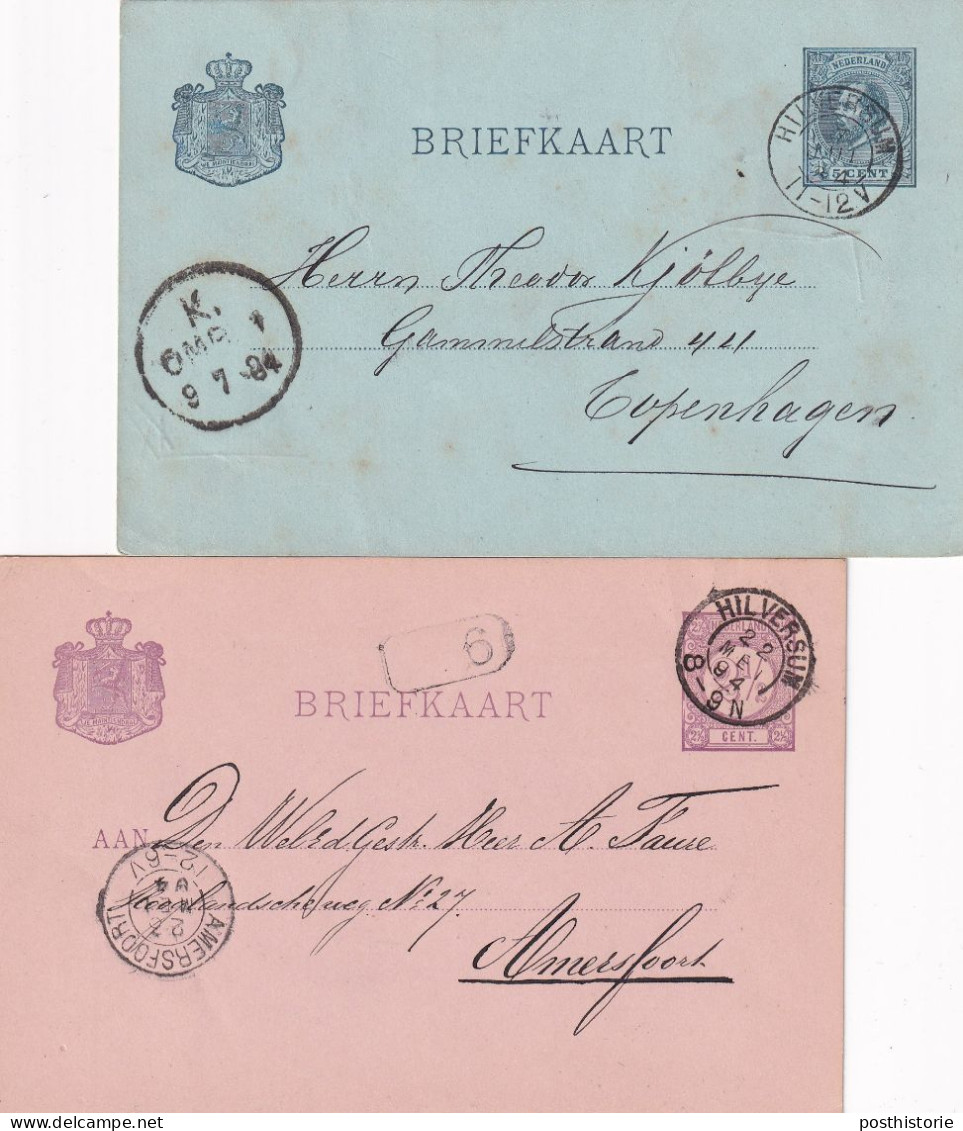 2 Briefkaarten 1884 En 1894 Hilversum (kleinrond) Naar Amersfoort En Copenhagen - Poststempel