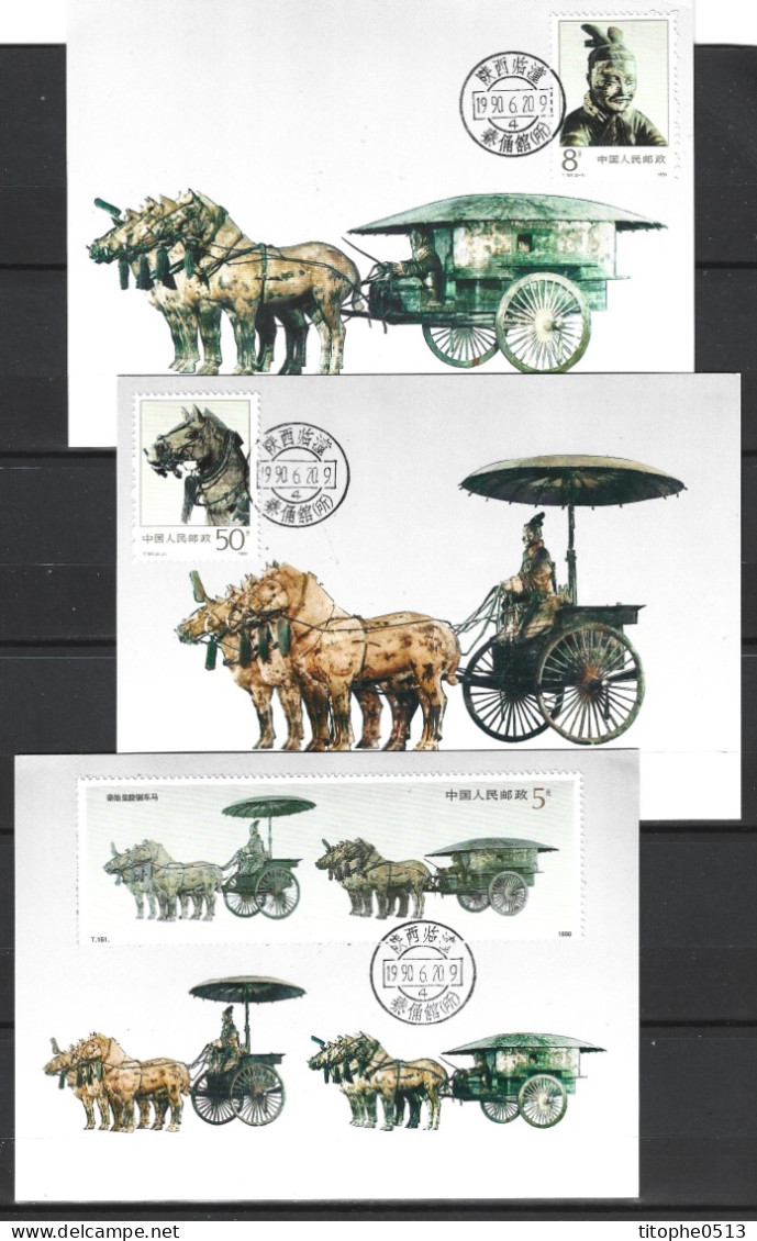 CHINE. N°2998-9 + Timbre Issu Du BF 55 Sur 3 Cartes Maximum De 1990. Chariots De Bronze. - Maximumkaarten