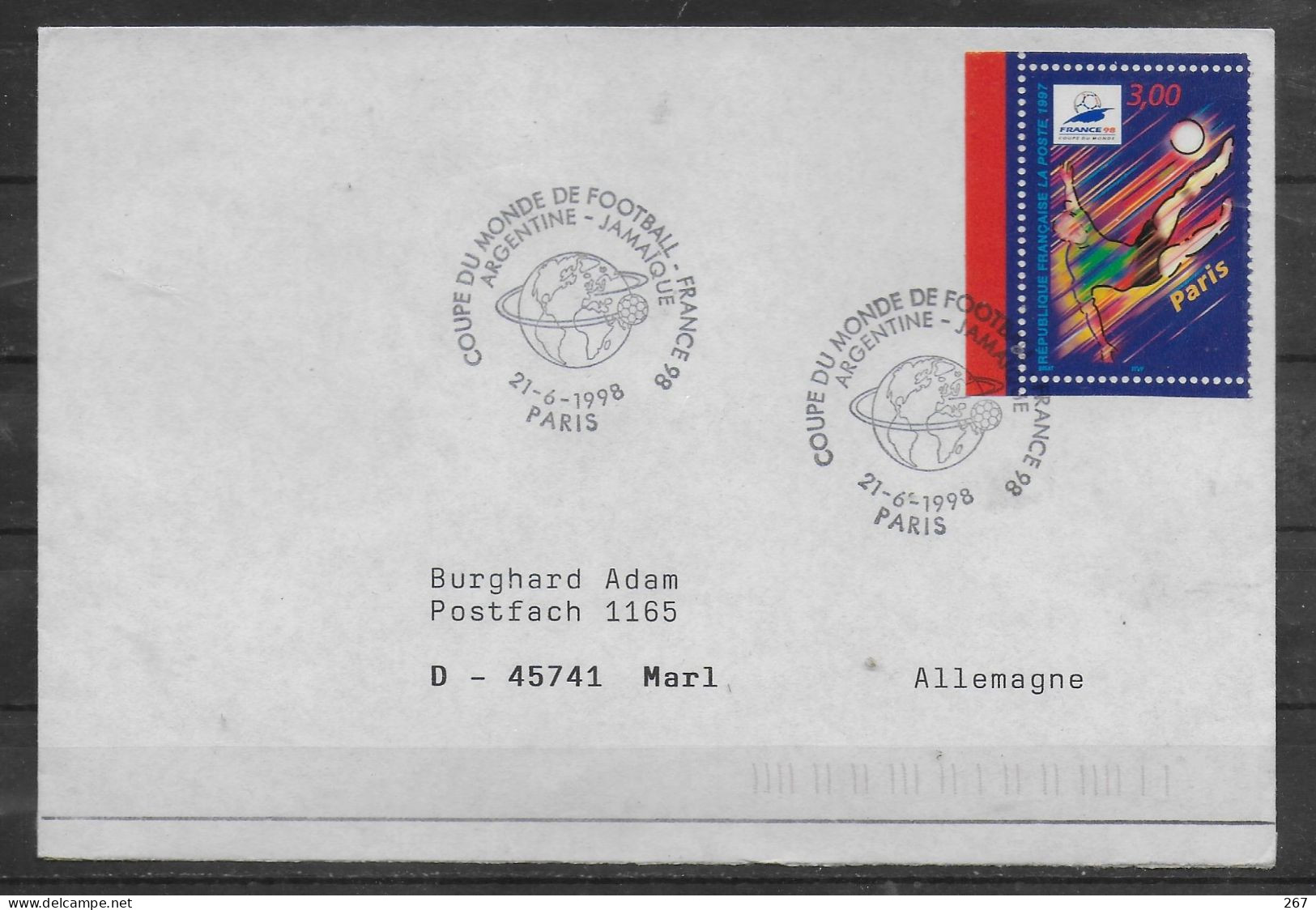 FRANCE  Lettre 1998 à Paris  Football   ARGENTINE - JAMAIQUE - 1998 – France