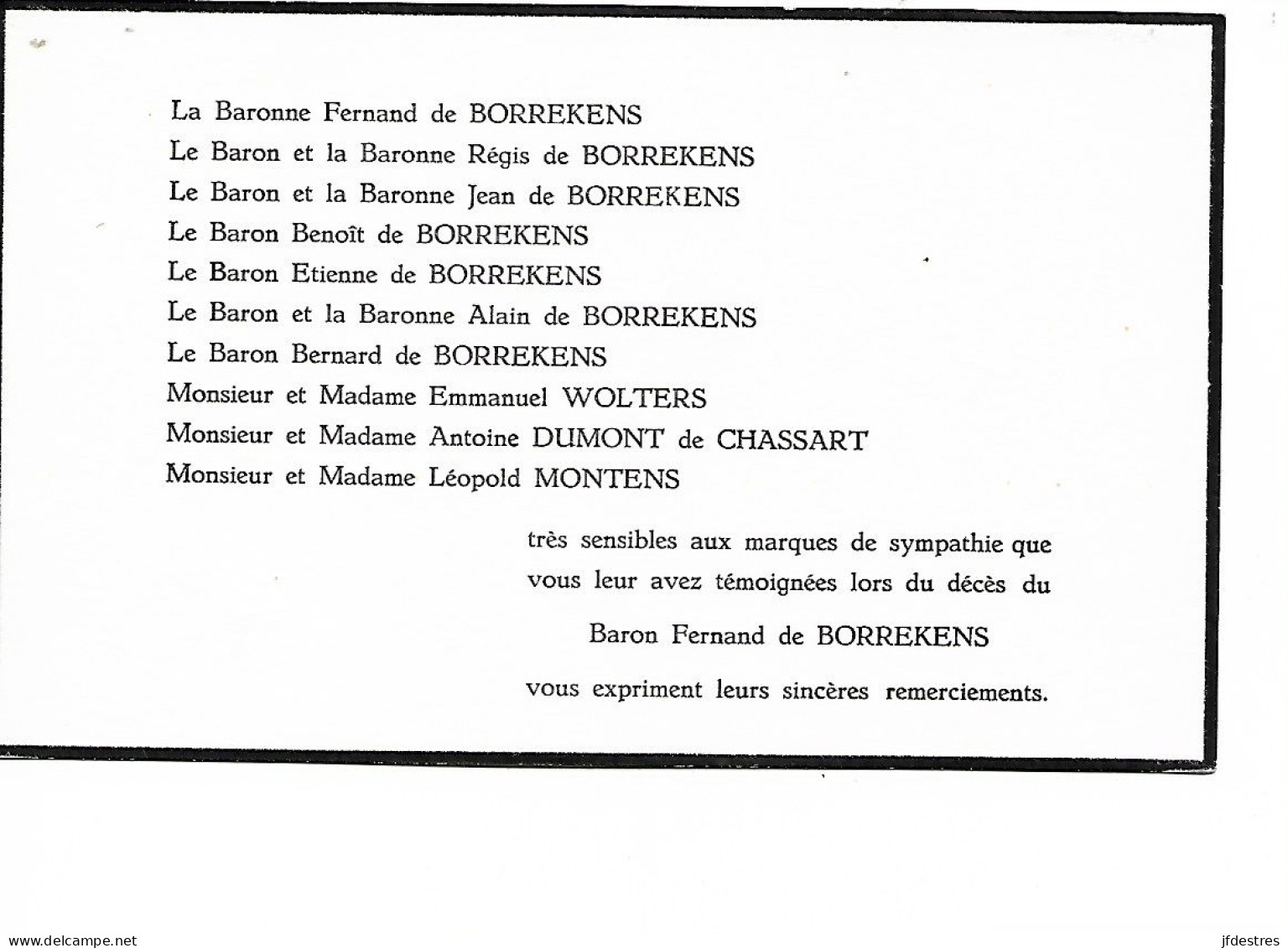 Carton Remerciement Décès Baron Fernand De Borrekens - Décès