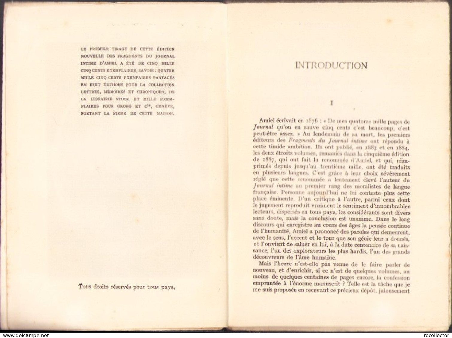 Henri Frederic Amiel Fragments D’un Journal Intime 1931 Tome Premier C3936N - Libri Vecchi E Da Collezione