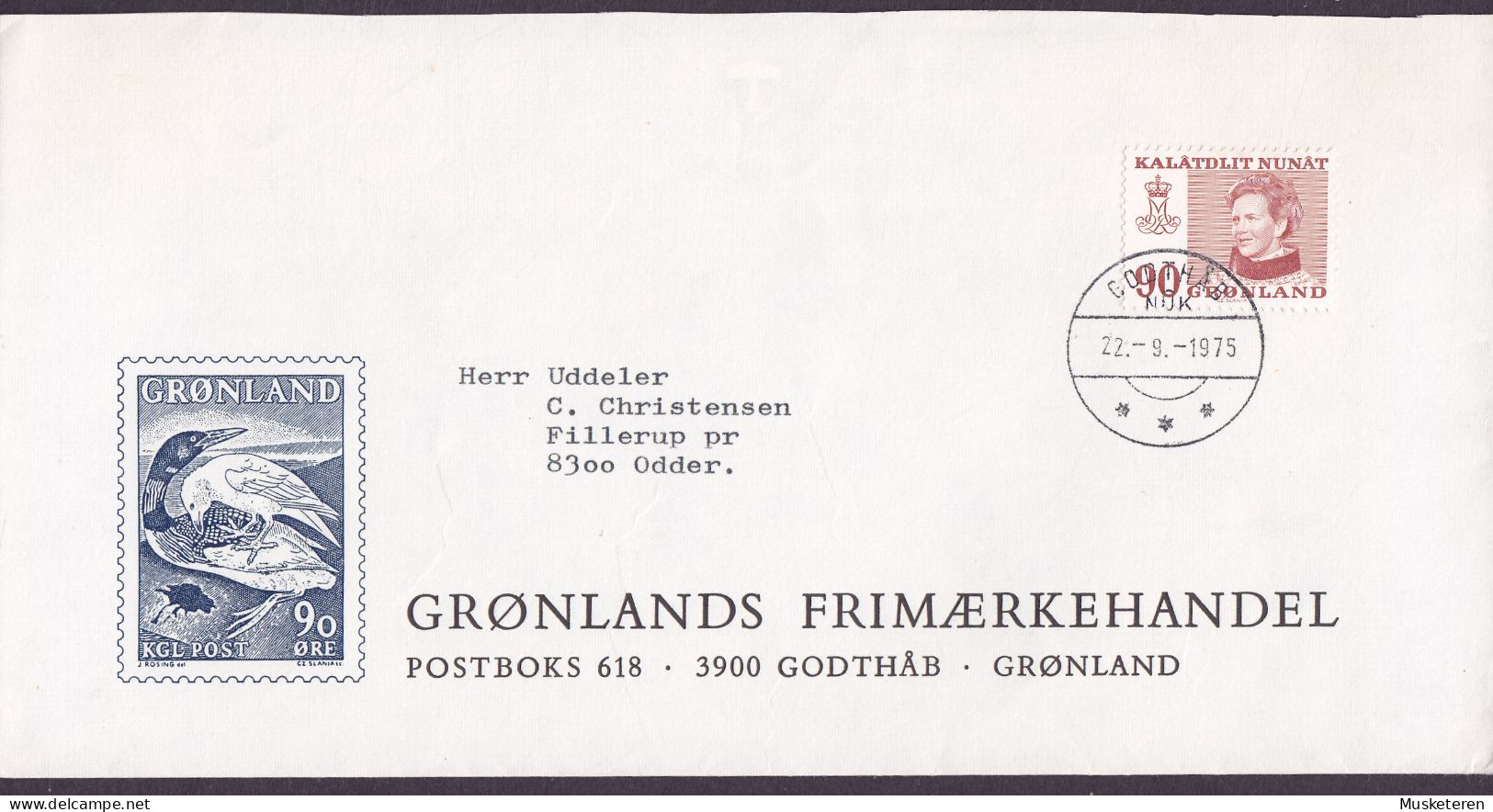 Greenland GRØNLANDS FRIMÆRKEHANDEL Cachet GODTHÅB 1975 Cover Brief ODDER Denmark Margrethe II. (Cz. Slania) - Lettres & Documents