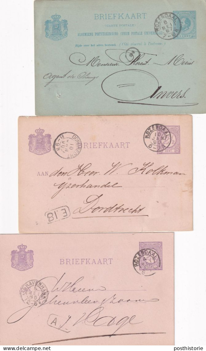 3 Briefkaarten 1885 1887 En 1890 Rozendaal (kleinrond) Naar Dordrecht 's Gravenhage En Antwerpen - Postal History