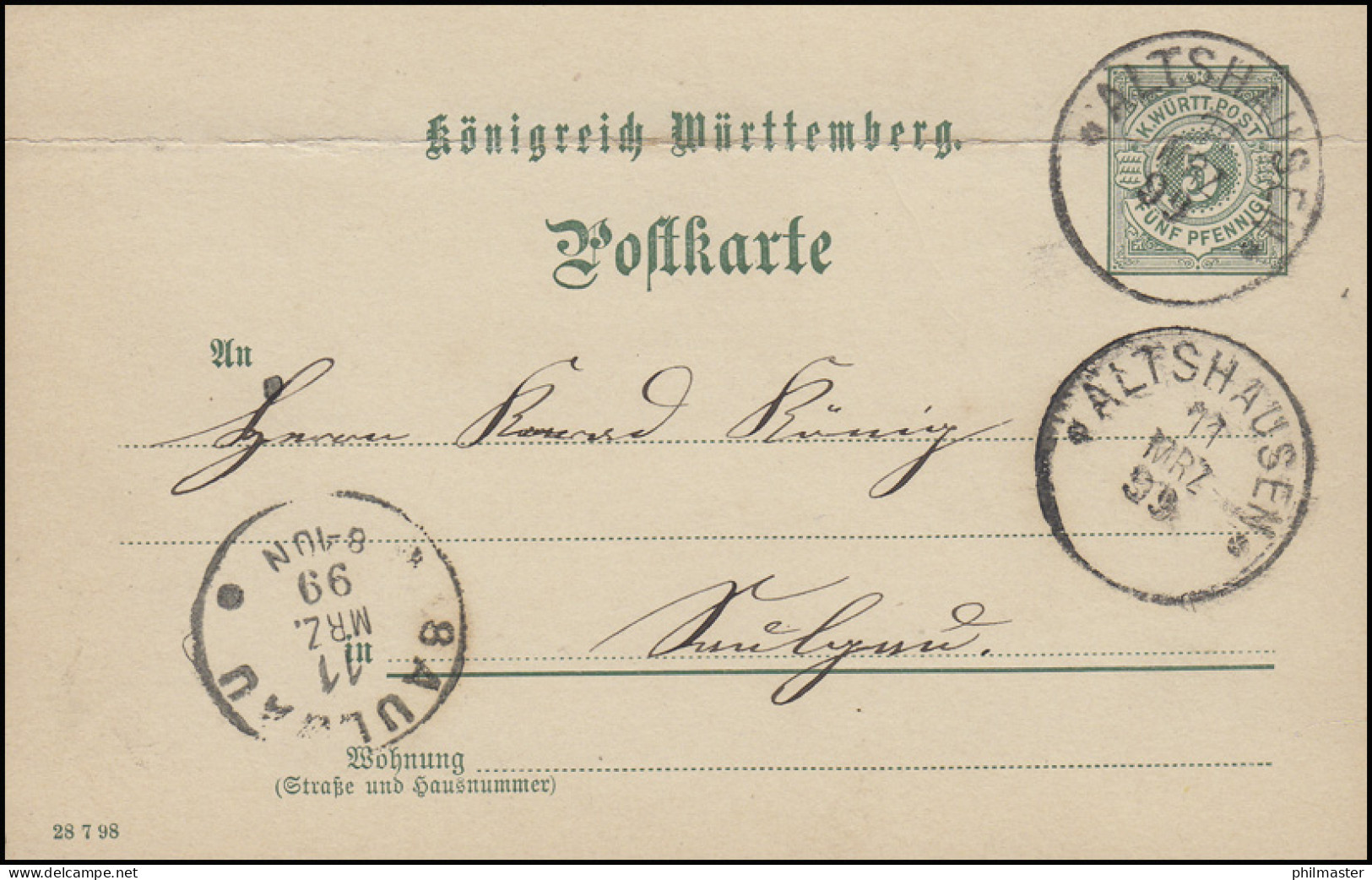 Württemberg P 37 Ziffer 5 Pf. DV 28 7 98 Von ALTSHAUSEN 11.3.99 Nach SAULGAU  - Postal  Stationery