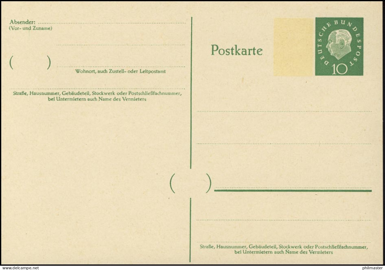 P 43I Heuss II 10 Pf, Mit Beidruck 15x22 Mm, ** - Postkarten - Ungebraucht