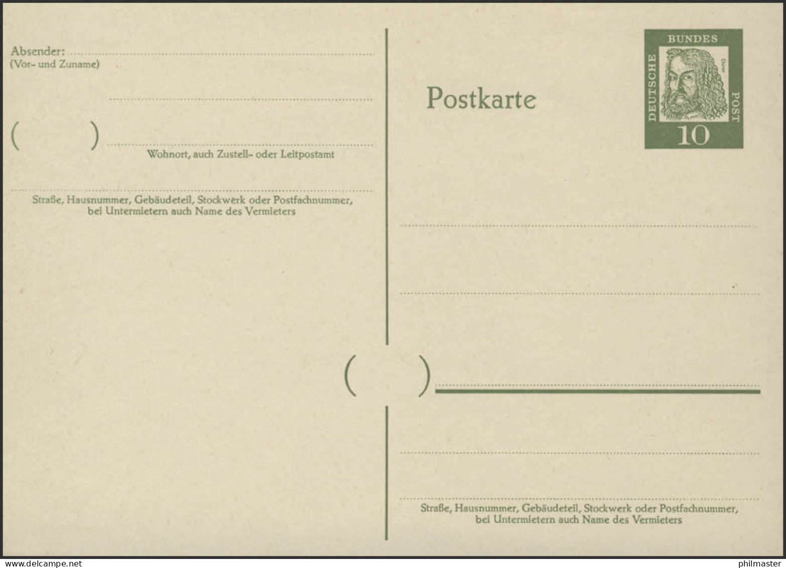 P 60 Dürer 10 Pf Antiqua, Ohne Beidruck ** Wie Verausgabt - Postkaarten - Ongebruikt