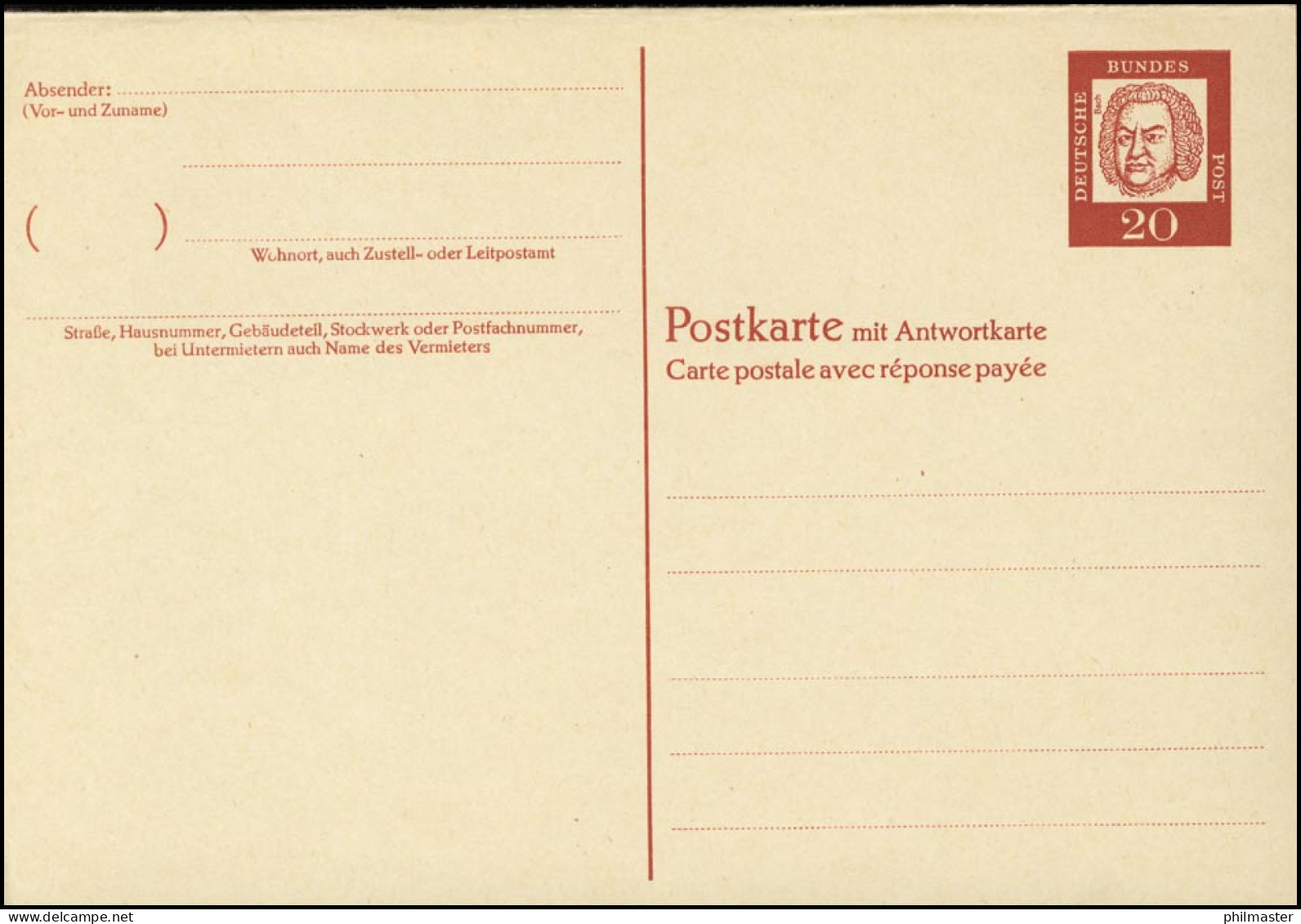 P 64 Bach 20/20 Pf Antiqua, Doppelkarte Ohne Fluoreszenz-Beidruck ** - Postkarten - Ungebraucht