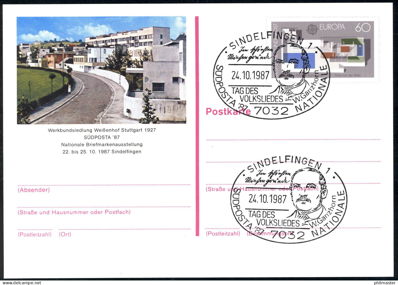 PSo 14 SÜDPOSTA Sindelfingen 1987, SSt Tag Des Volksliedes Ganzhorn - Postcards - Mint