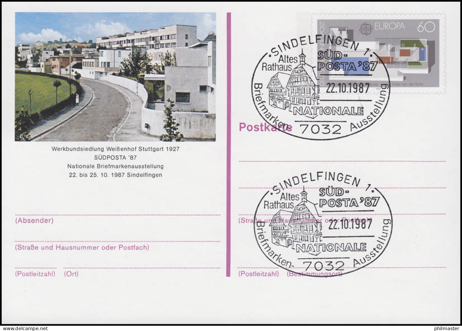 PSo 14 SÜDPOSTA Sindelfingen 1987, ESSt  Altes Rathaus 22.10.87 - Cartoline - Nuovi