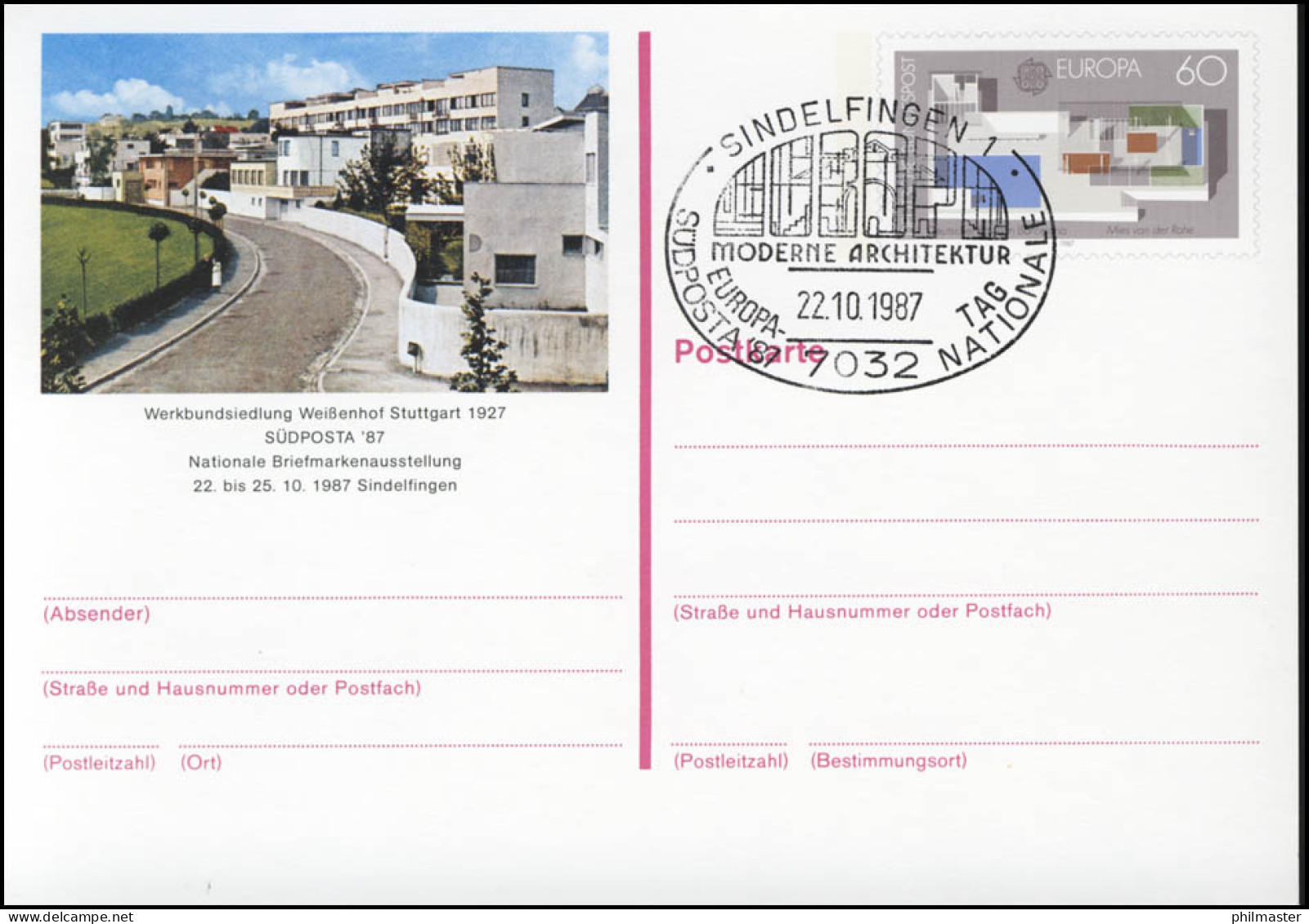PSo 14 SÜDPOSTA Sindelfingen 1987, ESSt Europatag Architektur 22.10.87 - Postcards - Mint