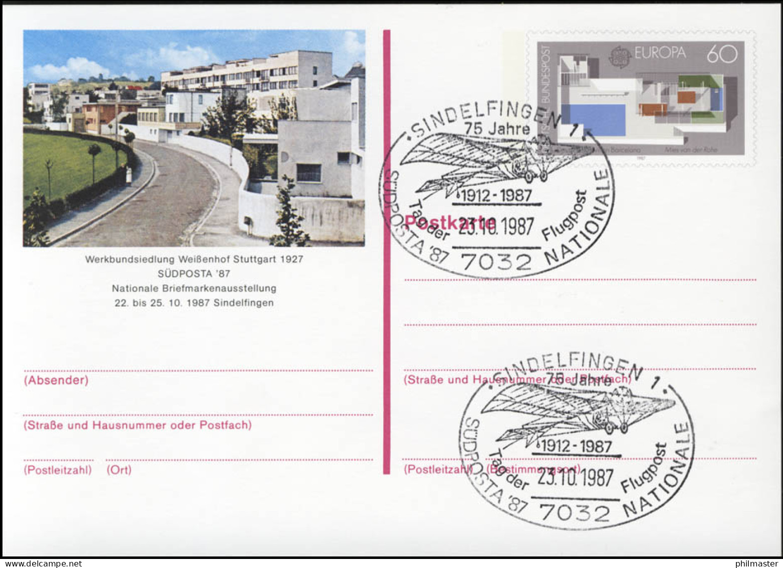 PSo 14 SÜDPOSTA Sindelfingen 1987, SSt Tag Der Flugpost - Postcards - Mint