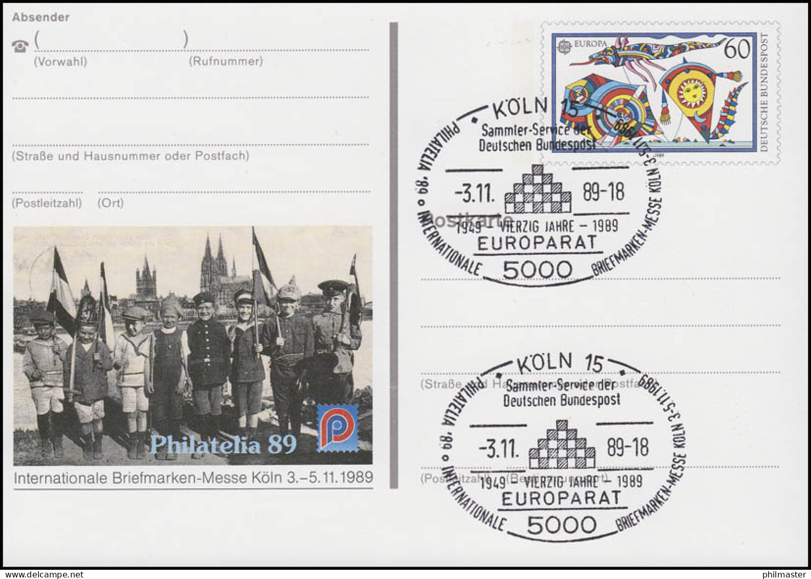 PSo 19 PHILATELIA Köln 1989, ESSt 40 Jahre Europarat 3.11.89 - Postcards - Mint