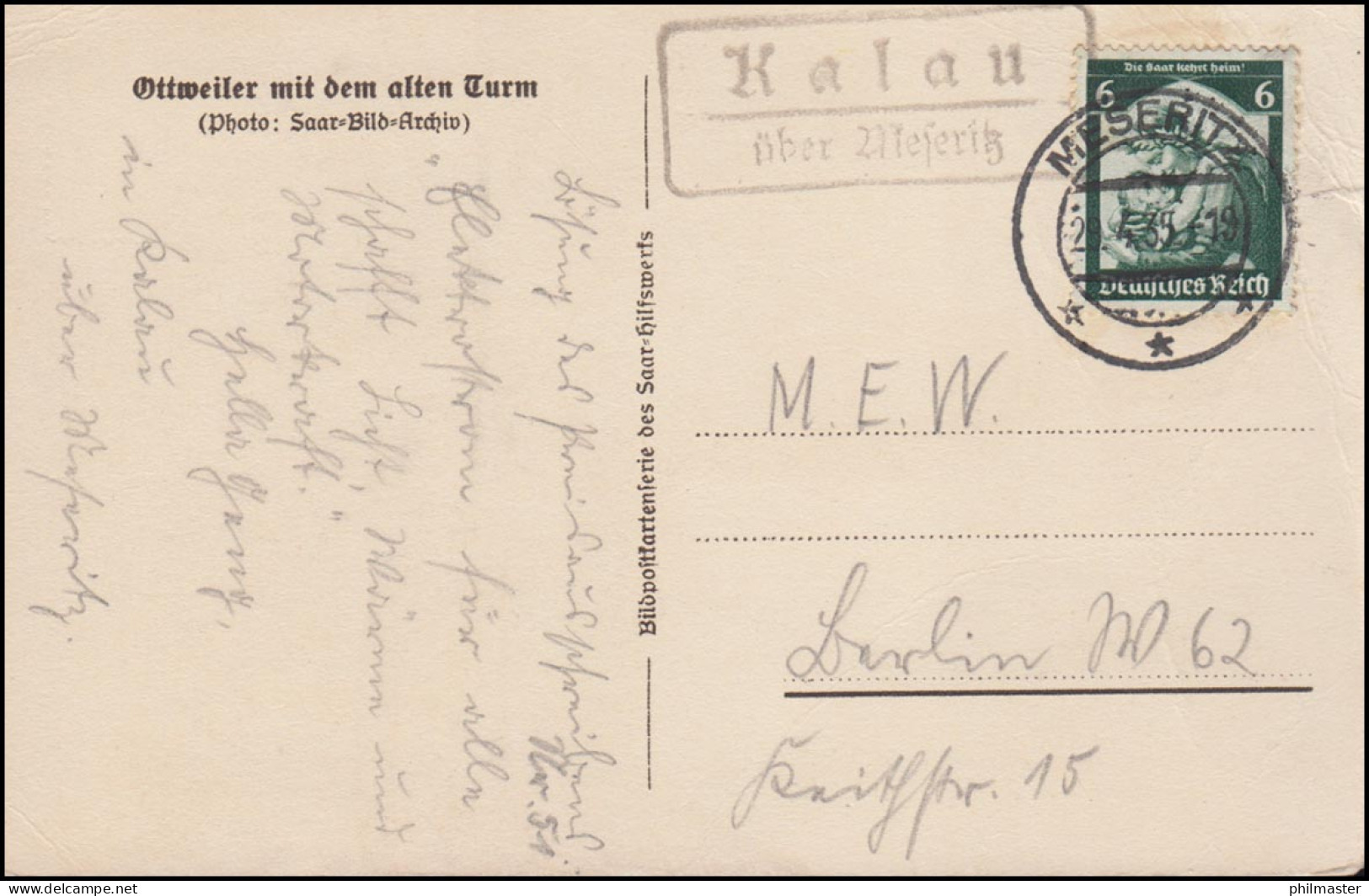 Landpost Kalau über MESERITZ 29.4.1935 Auf AK Ottweiler Mit Dem Alten Turm - Other & Unclassified