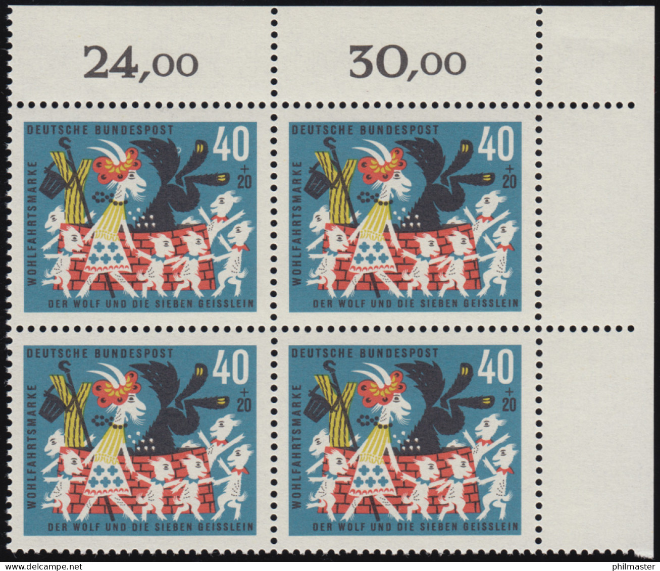 411 Wohlfahrt Grimm 40+20 Pf Sieben Geißlein ** Eck-Vbl O.r. Zähnung 8-dg - Unused Stamps